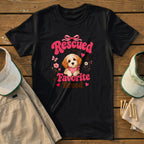 Black t-shirt with a cute dog and "Rescued Is My Favorite Breed" text.