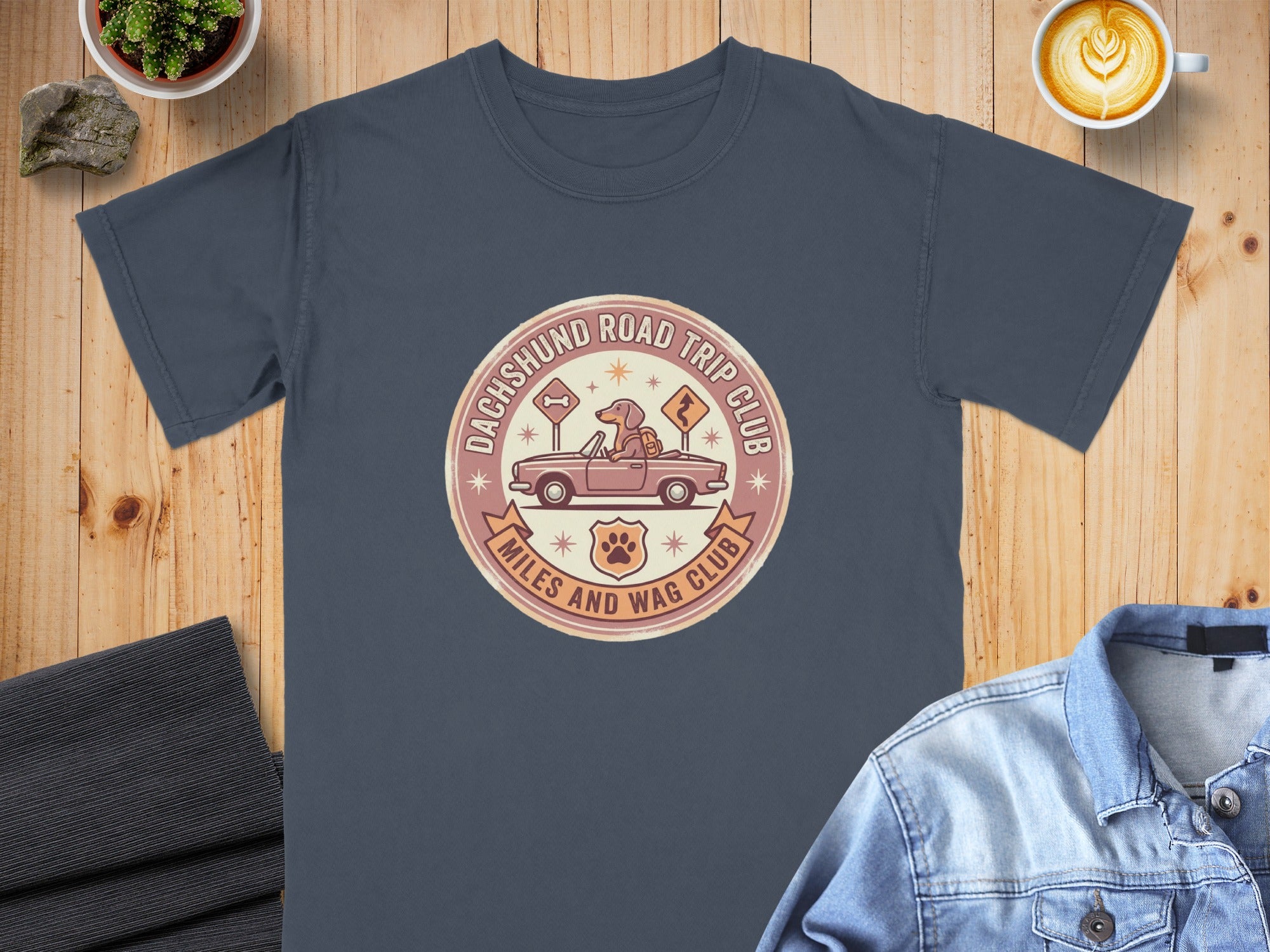 Dachshund Road Trip Club Miles and Wag Club graphic on dark grey t-shirt.