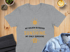 Grey t-shirt with "My Golden Retriever Is My Sunshine" text and paw print.