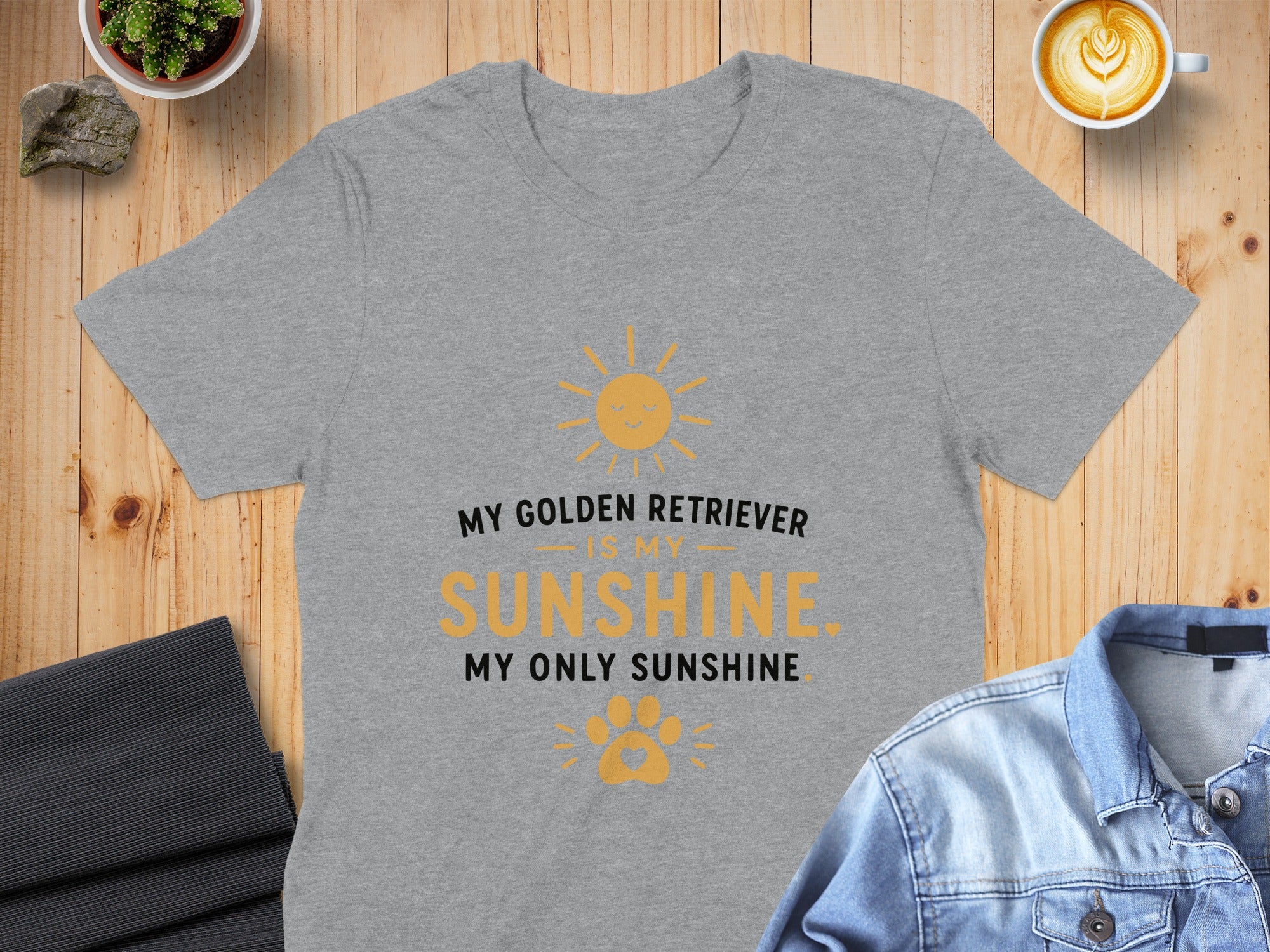Grey t-shirt with "My Golden Retriever Is My Sunshine" text and paw print.