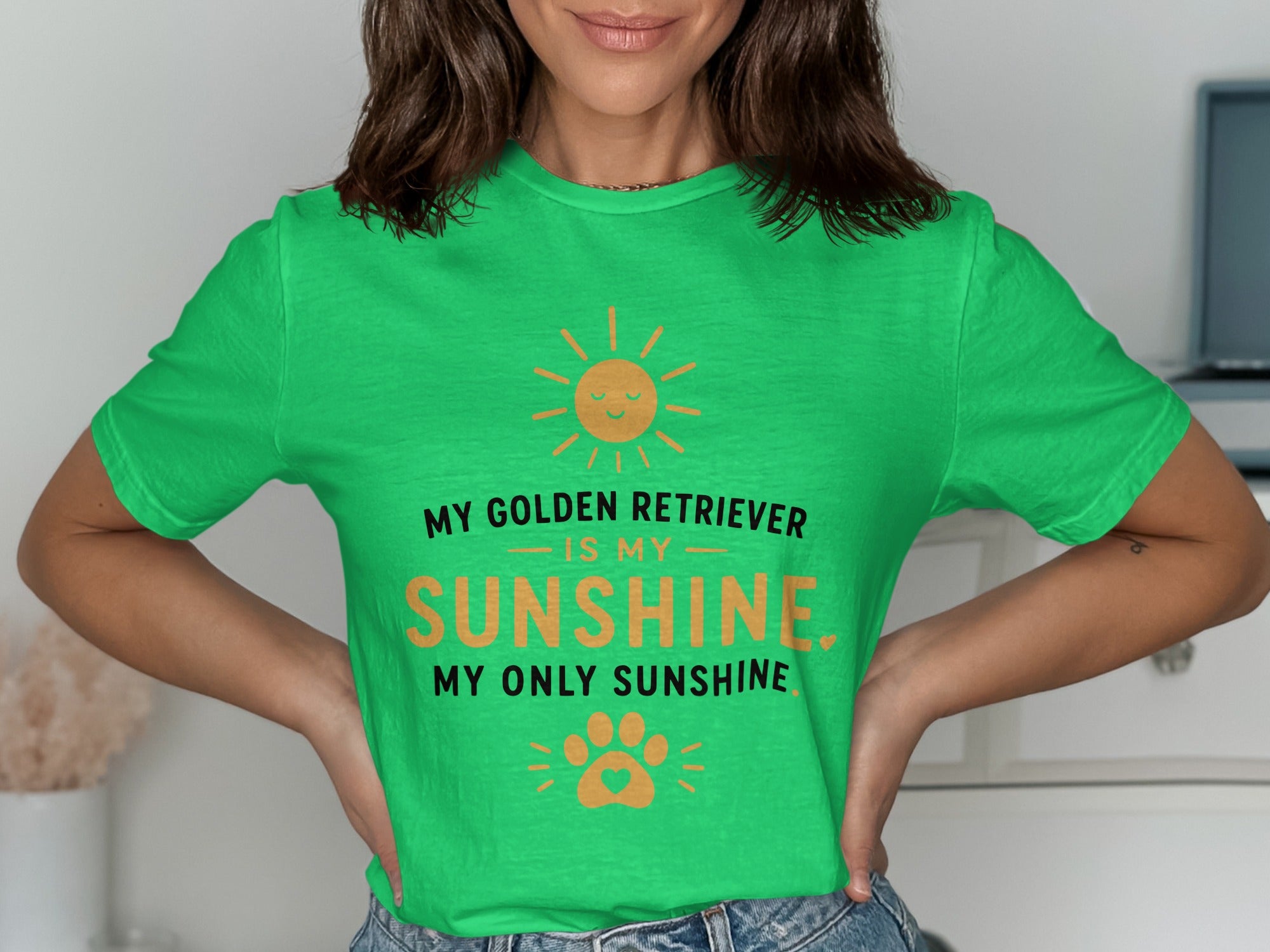 Green t-shirt with "My Golden Retriever Is My Sunshine" and paw print graphic.