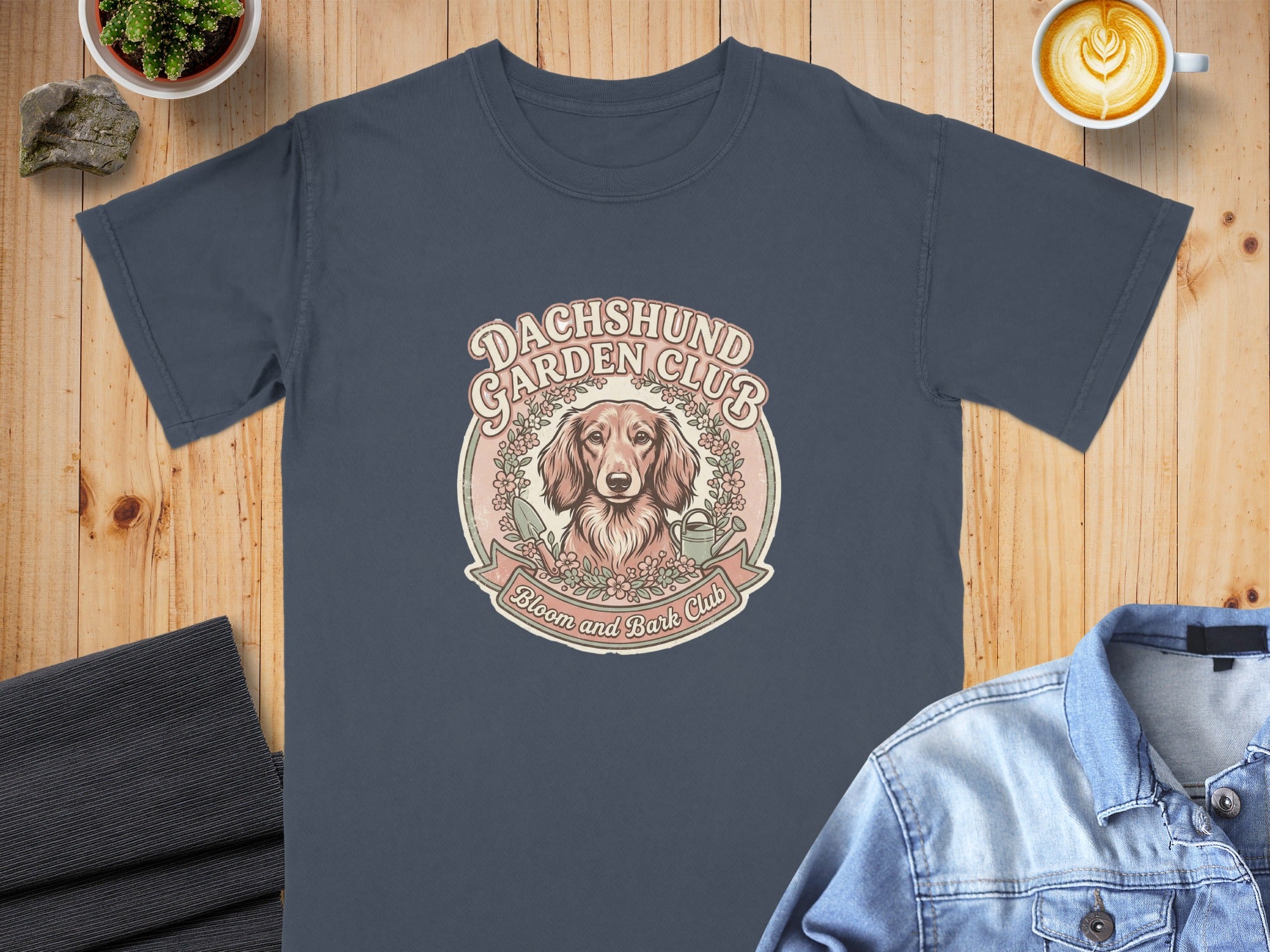 Dachshund Garden Club t-shirt with floral wreath and coffee.