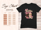 Black t-shirt with "Coffee, Bows, & My Dog" graphic and Gildan 64000 size chart.