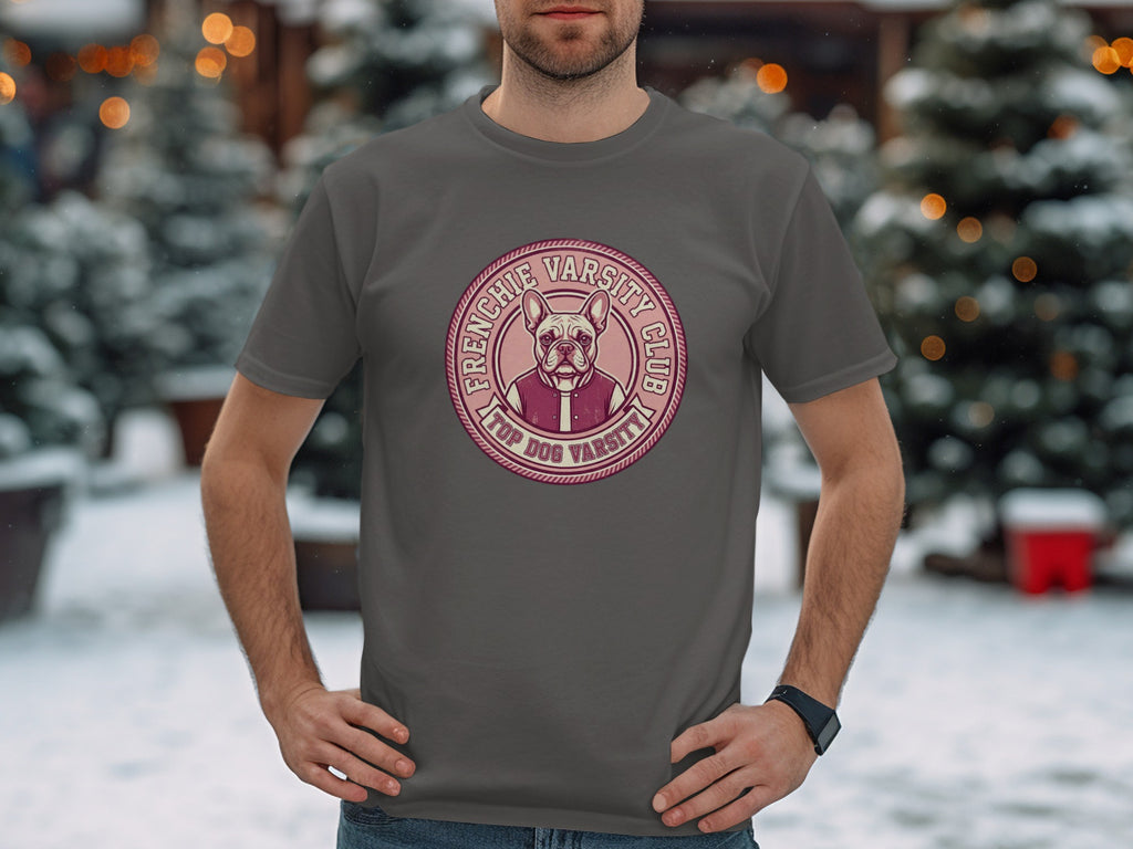 Gray t-shirt with "Frenchie Varsity Club" text and bulldog graphic.