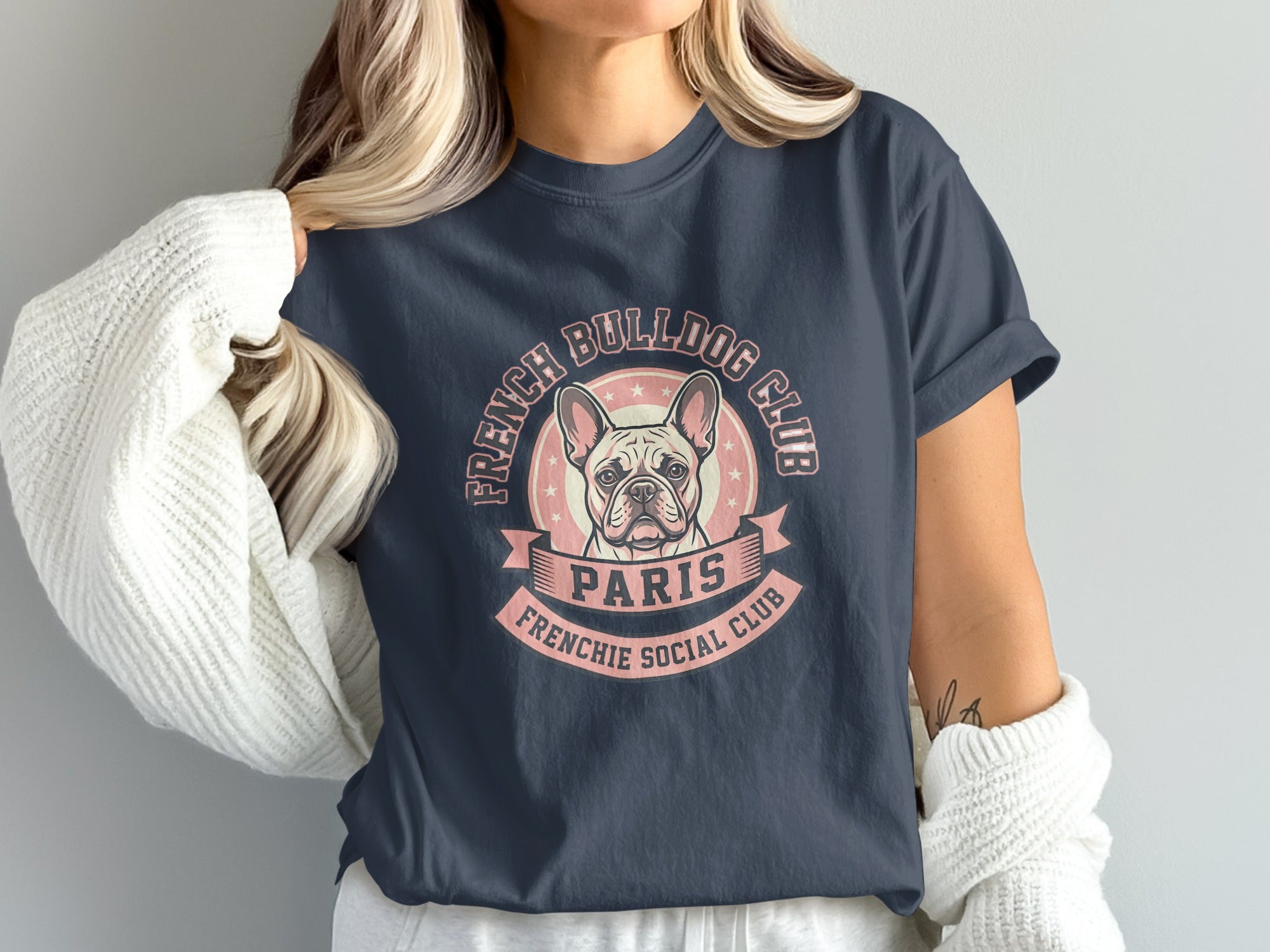 French Bulldog Club Social Club Paris logo on navy t-shirt.