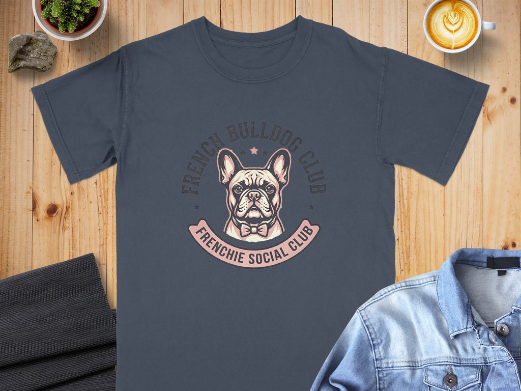 Dark grey t-shirt with a French Bulldog Club logo featuring a dog wearing a bow tie.