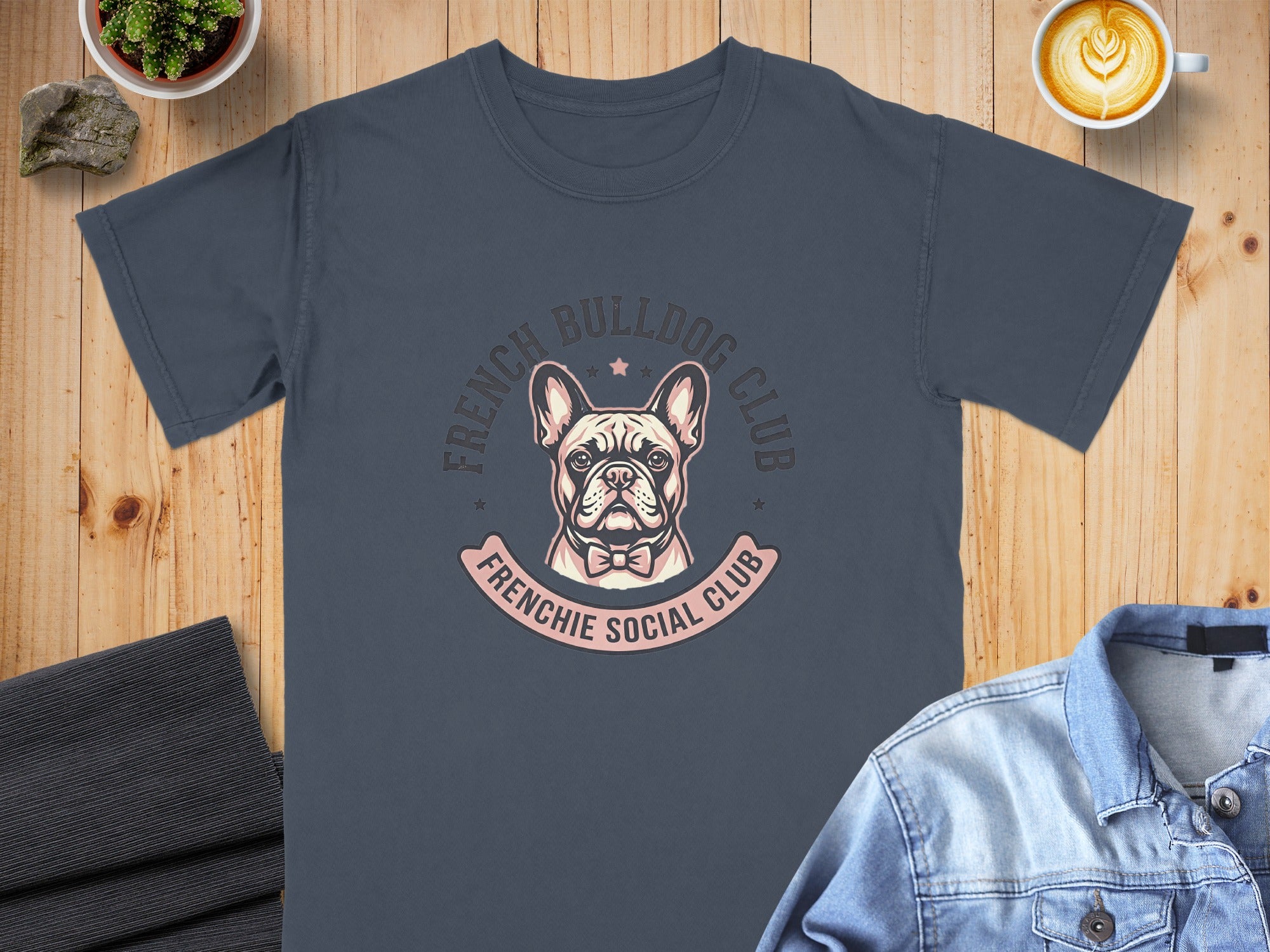 Dark grey t-shirt with a French Bulldog Club logo featuring a dog wearing a bow tie.