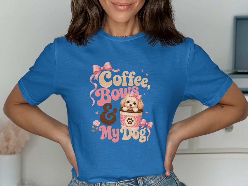 Blue t-shirt with "Coffee, Bows & My Dog" text and a cartoon puppy.