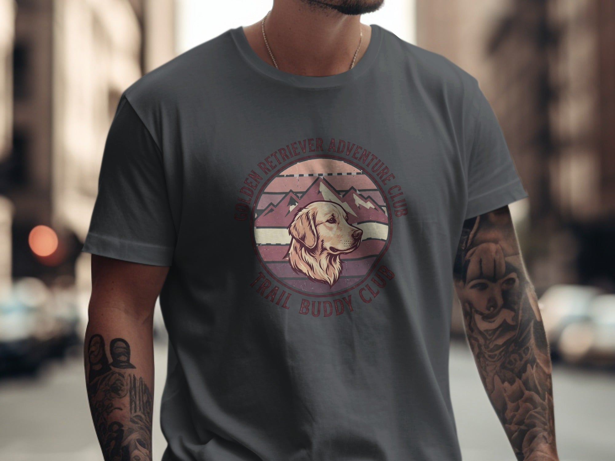 Golden Retriever Adventure Club t-shirt with dog and mountain logo.
