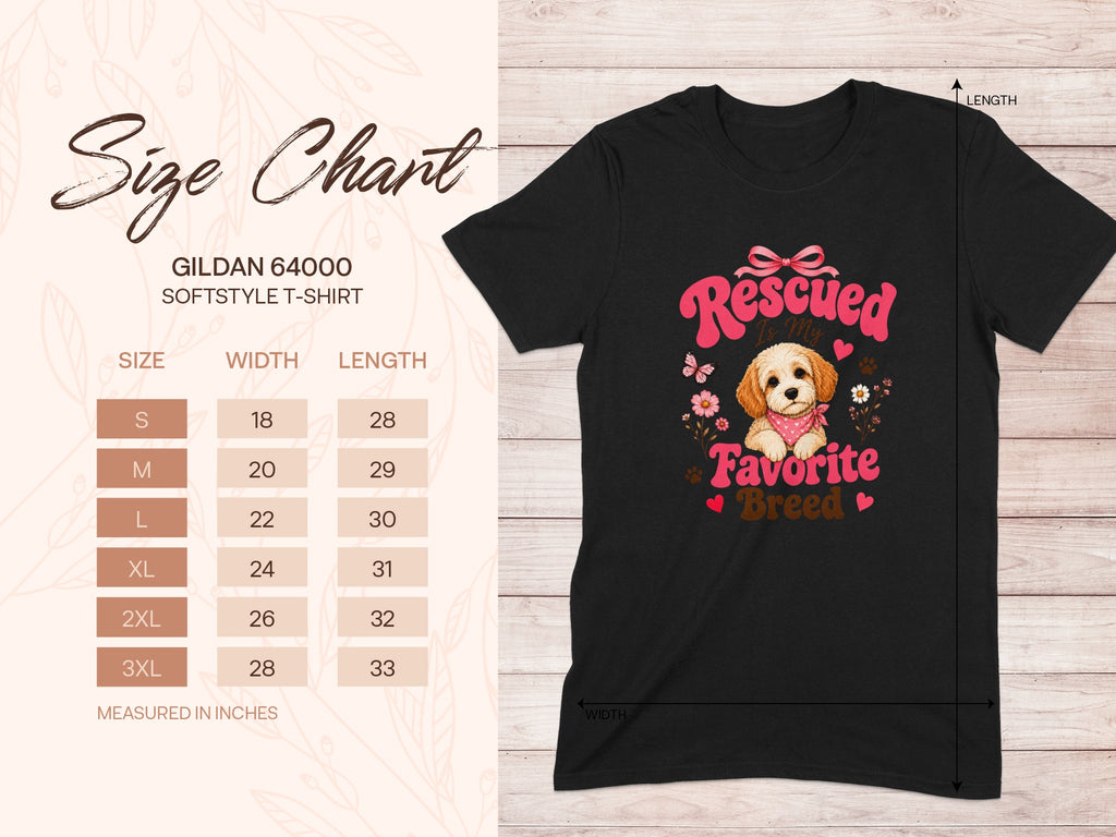 Black t-shirt with "Rescued Is My Favorite Breed" graphic and size chart.