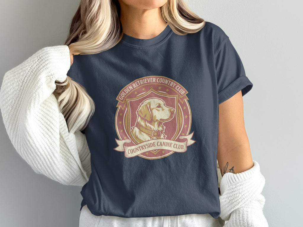 Navy t-shirt featuring a Golden Retriever Country Club crest with a dog's head.