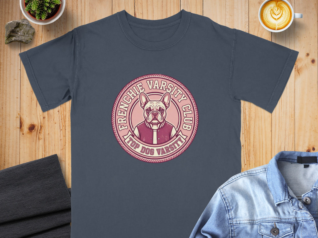 French Bulldog in a varsity jacket on a circular badge with "TOP DOG VARSITY CLUB" text.