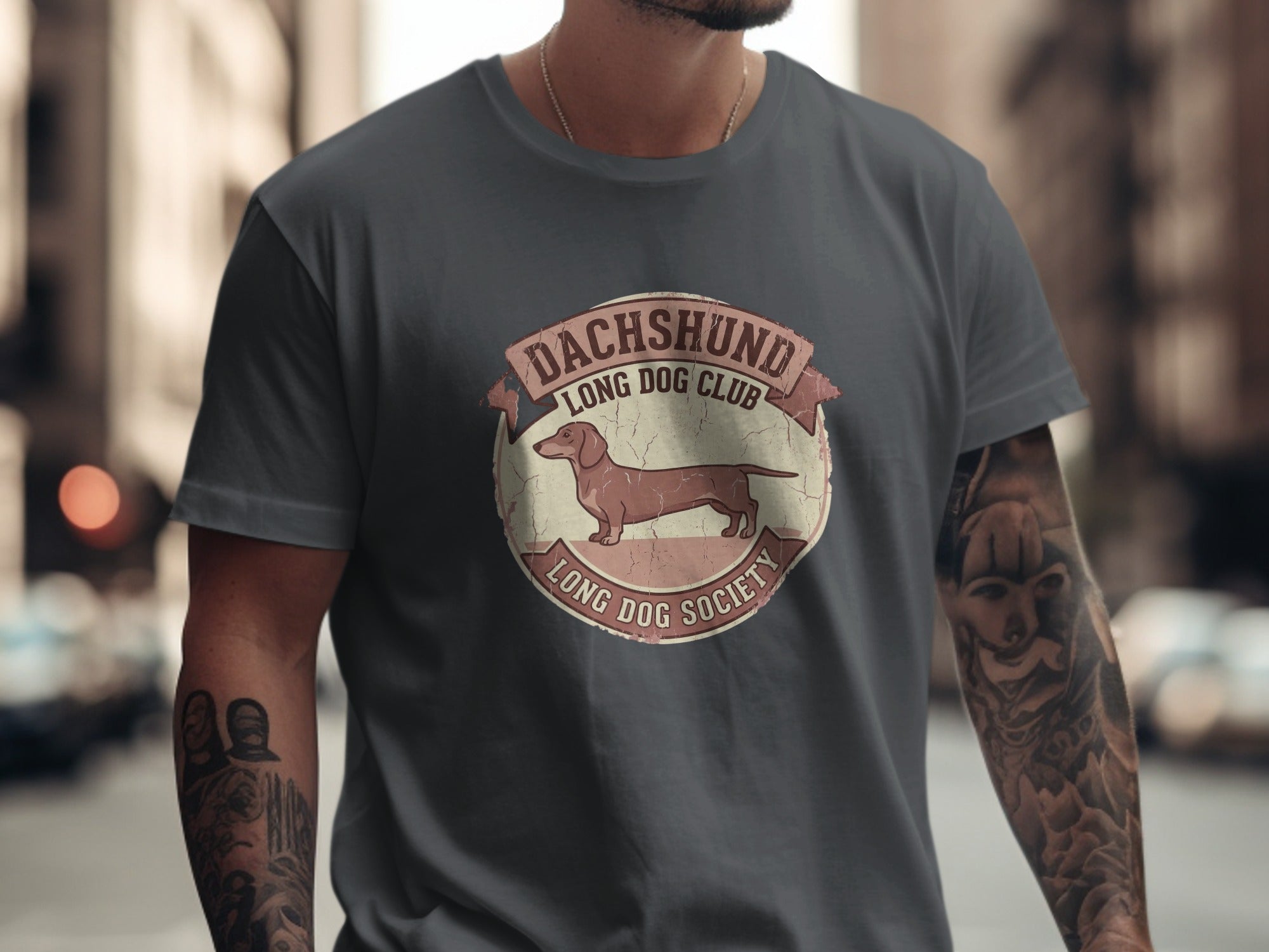 Dark gray t-shirt with a distressed circular logo for "Dachshund Long Dog Club Long Dog Society".