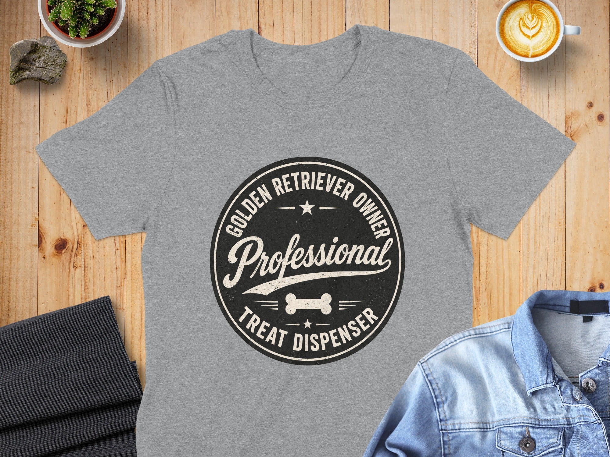 Grey t-shirt with "Professional Golden Retriever Owner Treat Dispenser" graphic.