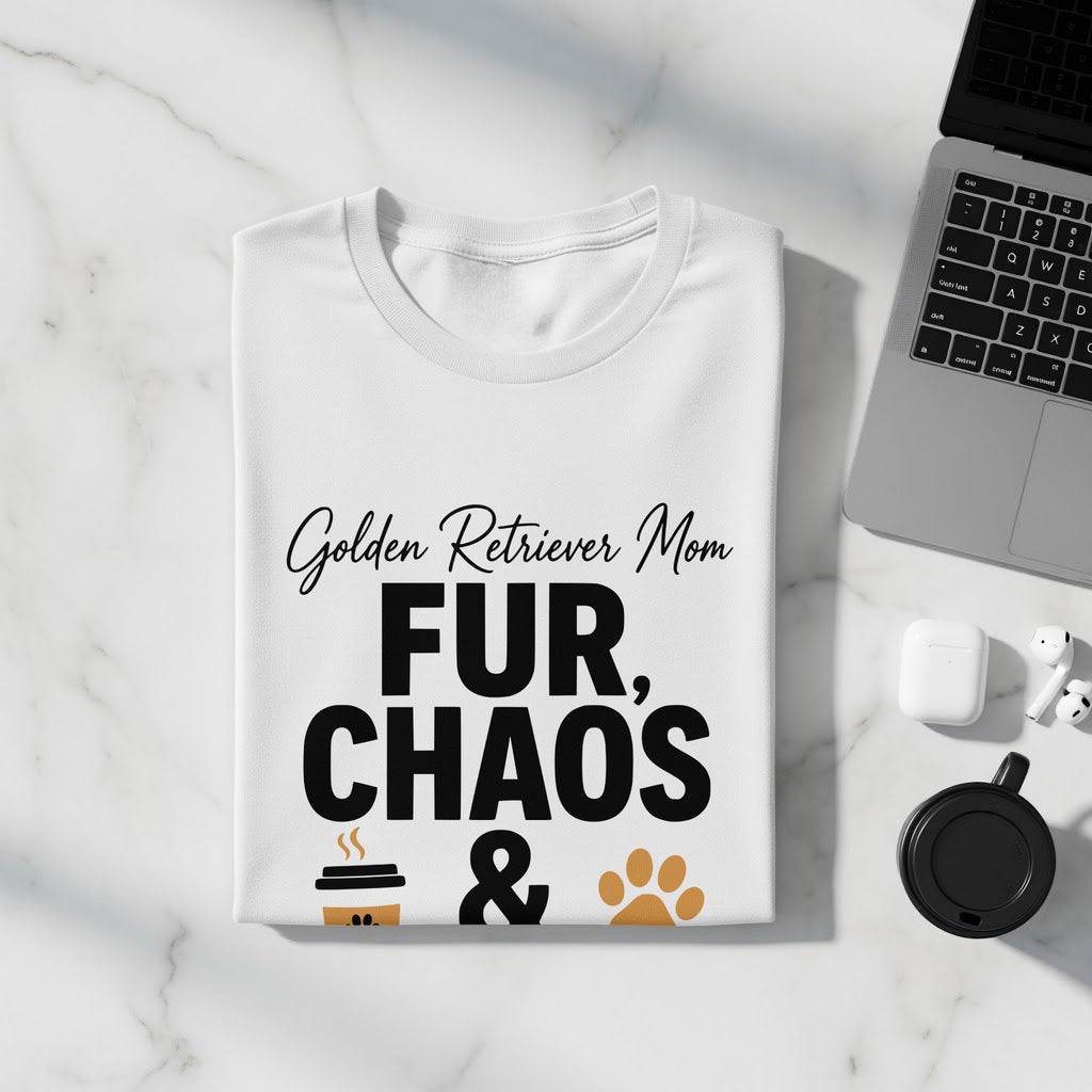 White t-shirt with "Golden Retriever Mom, FUR, CHAOS &" and paw print.
