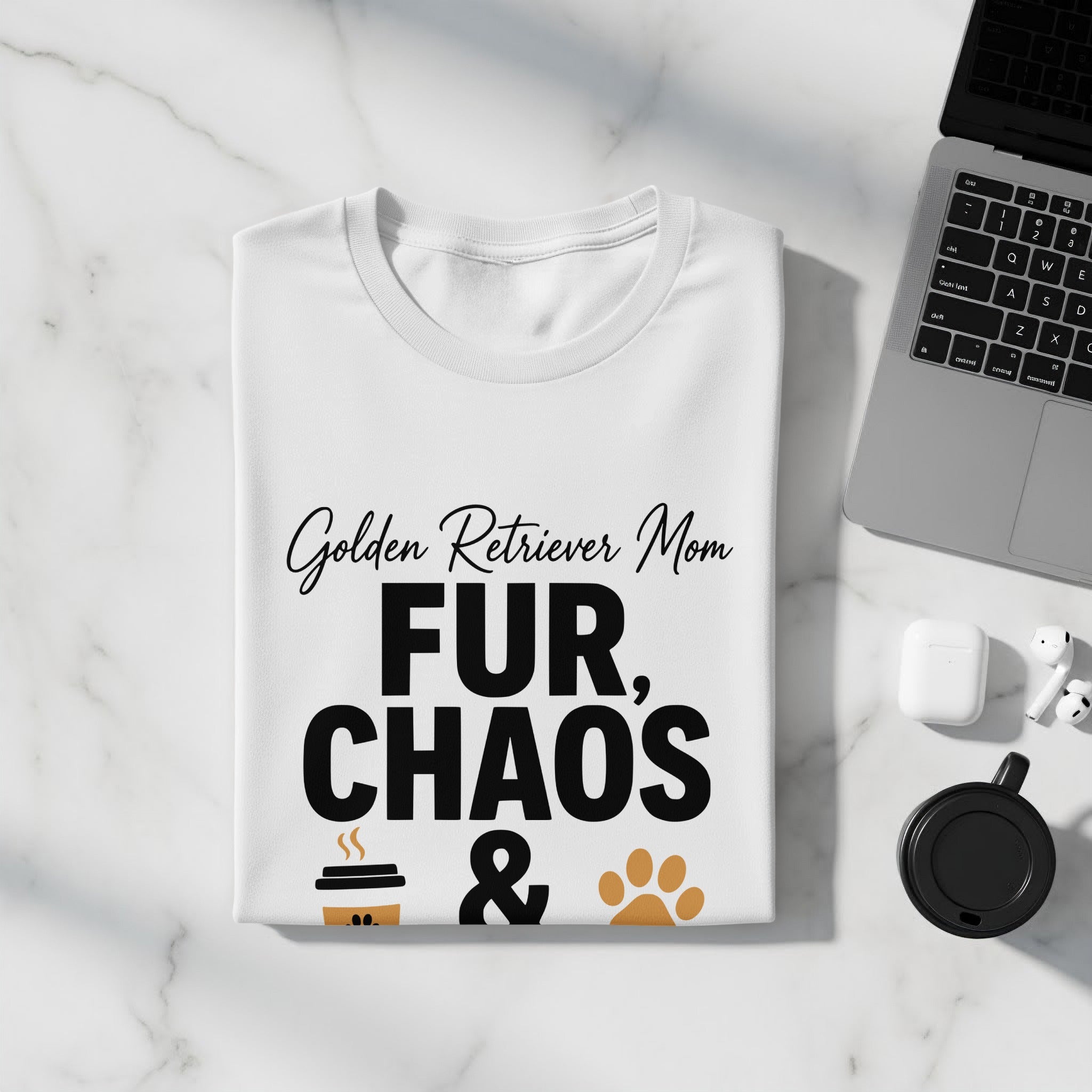 White t-shirt with "Golden Retriever Mom, FUR, CHAOS &" and paw print.