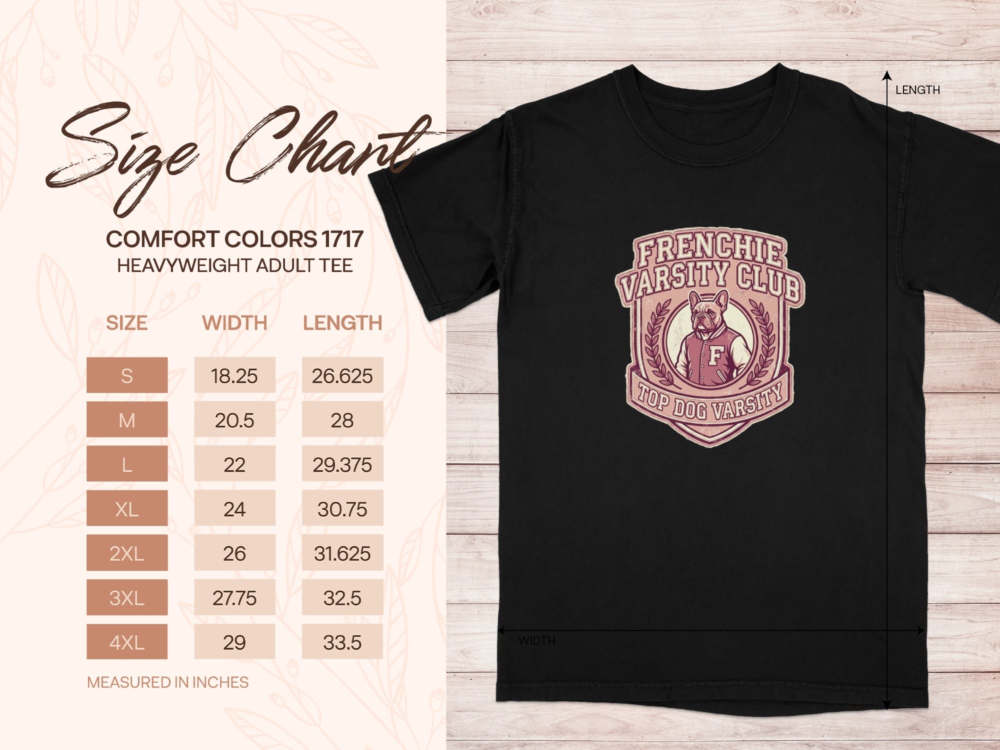 Comfort Colors size chart for Frenchie Varsity Club heavyweight adult tee.