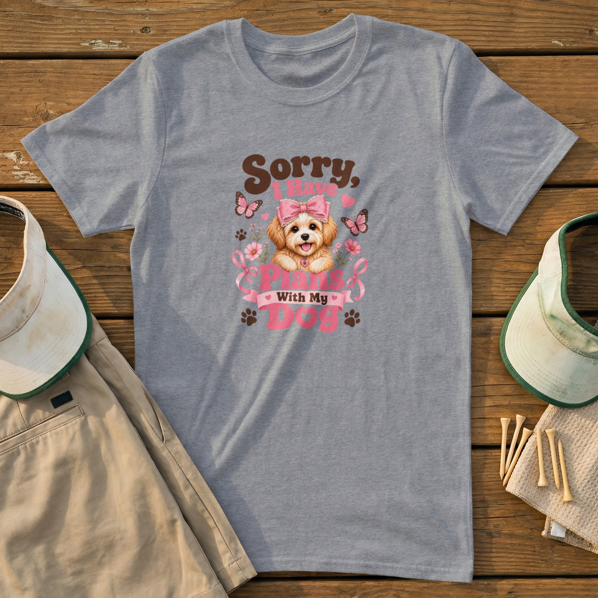 Gray t-shirt with a cartoon puppy graphic and text.