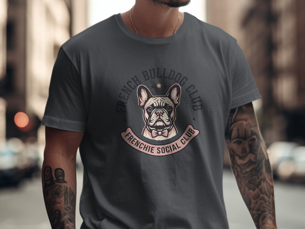 French Bulldog Club Frenchie Social Club logo on a dark grey t-shirt.