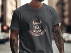 French Bulldog Club Frenchie Social Club logo on a dark grey t-shirt.