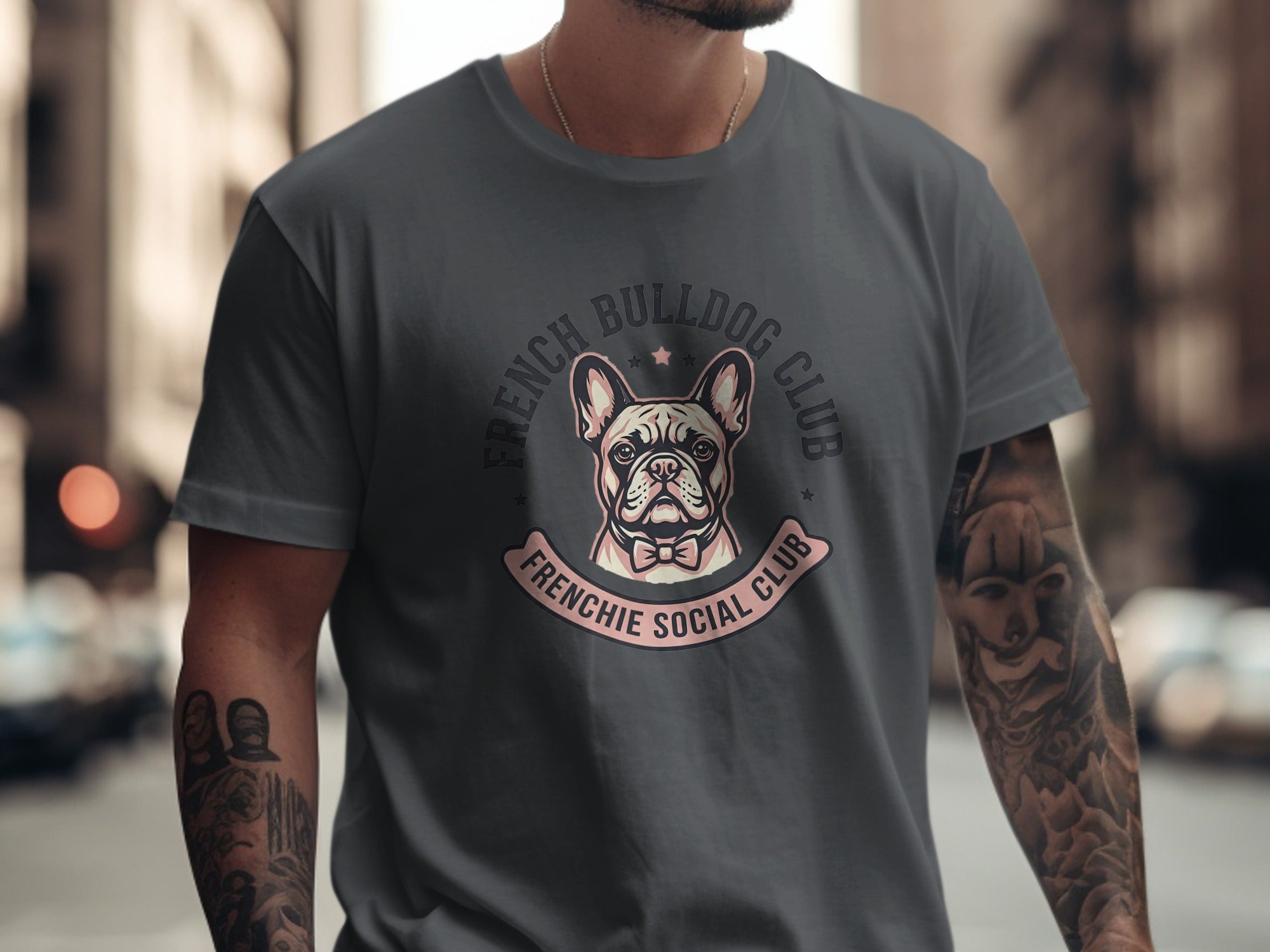 French Bulldog Club Frenchie Social Club logo on a dark grey t-shirt.