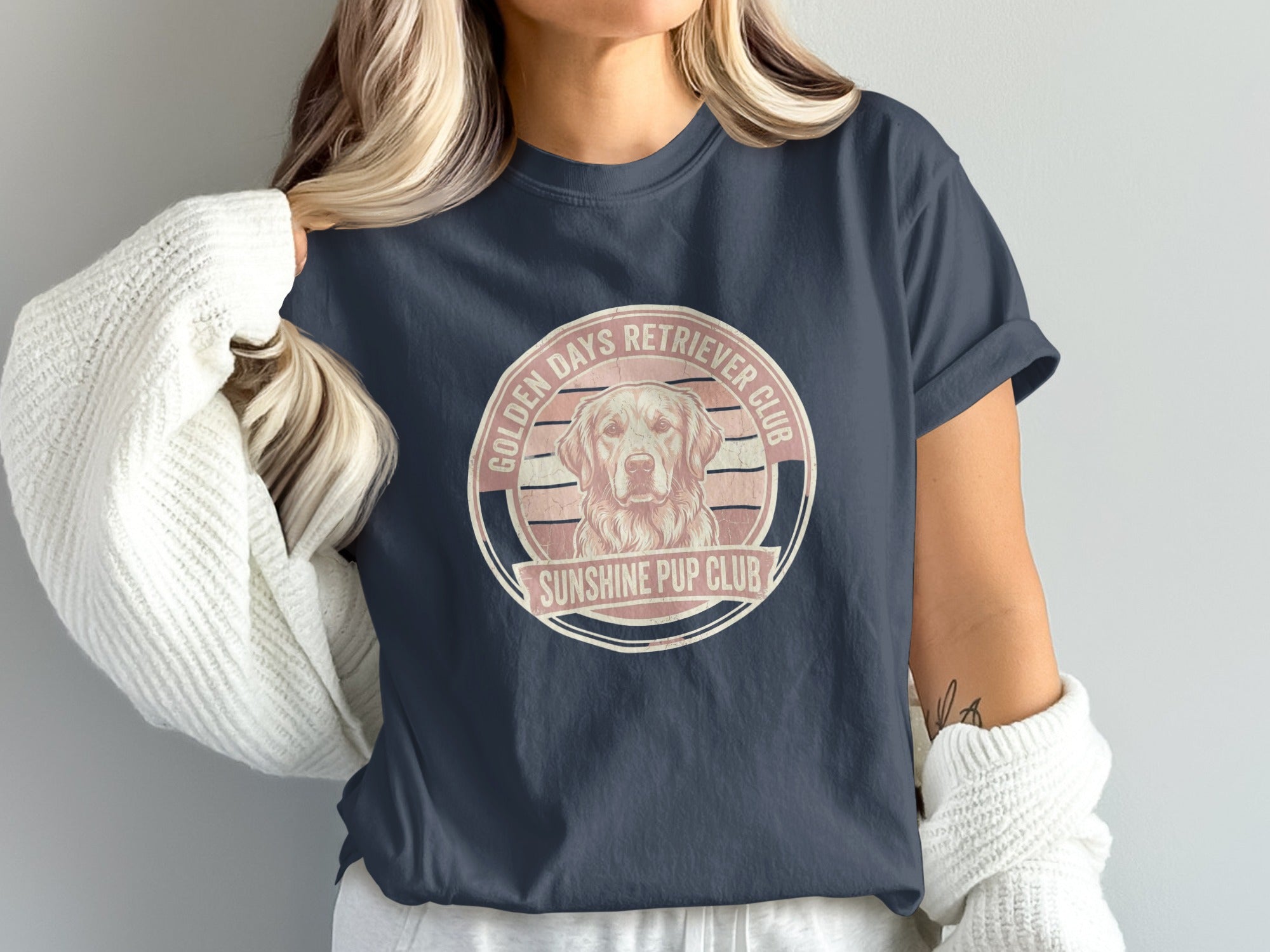 Golden Days Retriever Club Sunshine Pup Club graphic on dark navy t-shirt.