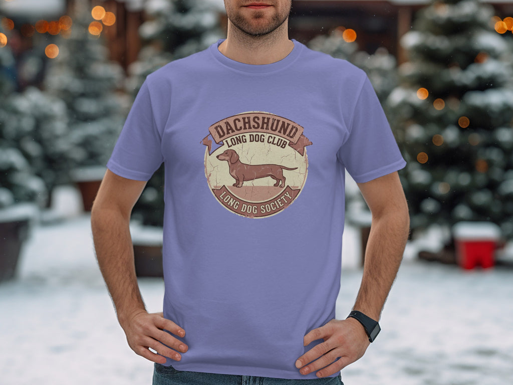 Lavender t-shirt with "Dachshund Long Dog Club" graphic and dachshund illustration.