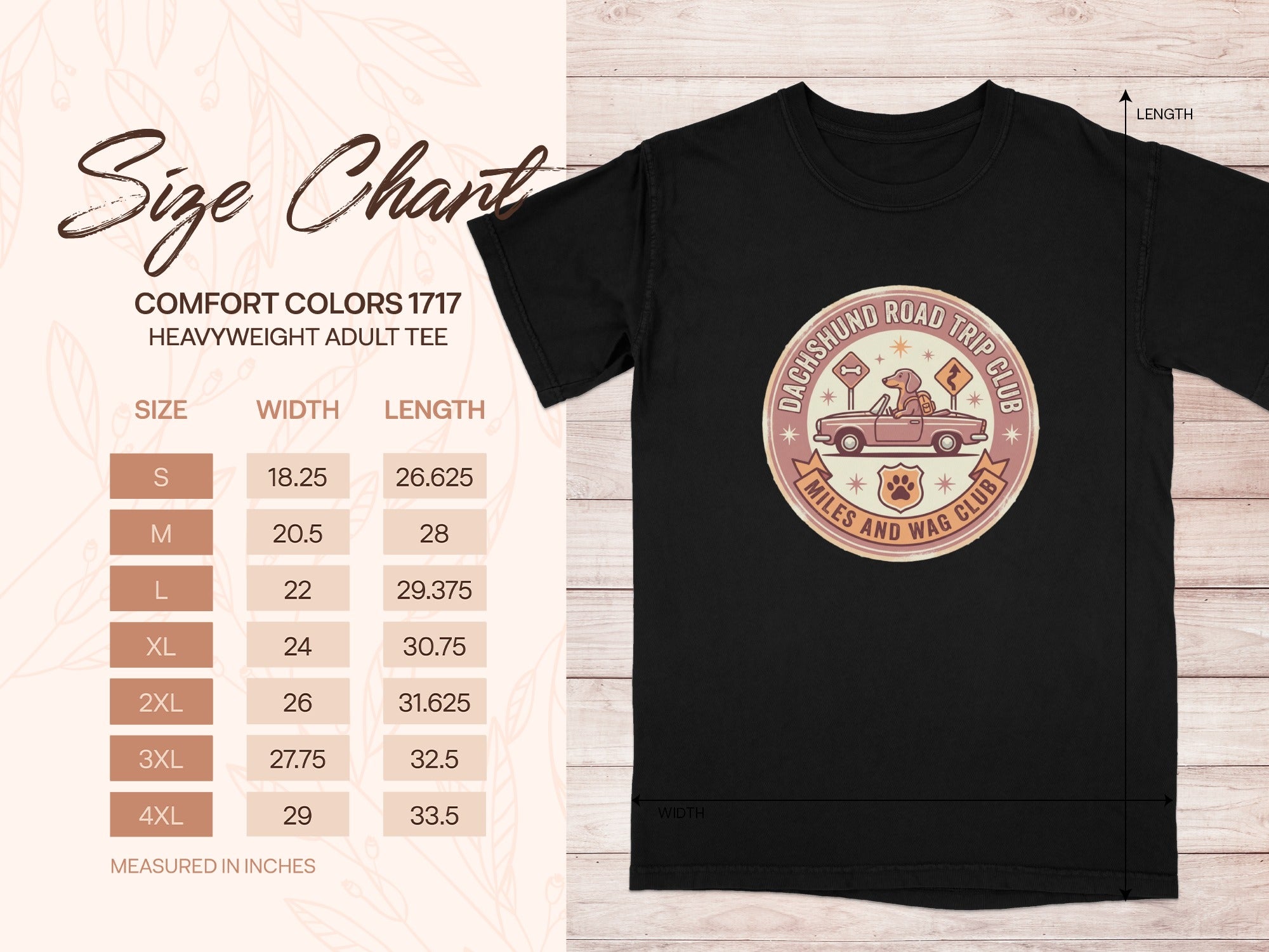 Size chart for Comfort Colors 1717 heavyweight adult tee with dachshund graphic.