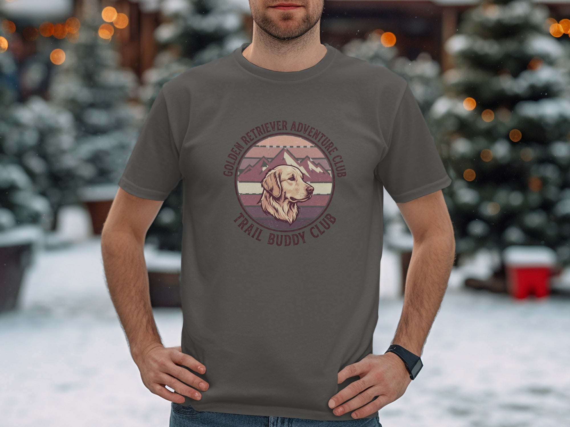 Golden Retriever Adventure Club Trail Buddy Club circular logo on a grey t-shirt.