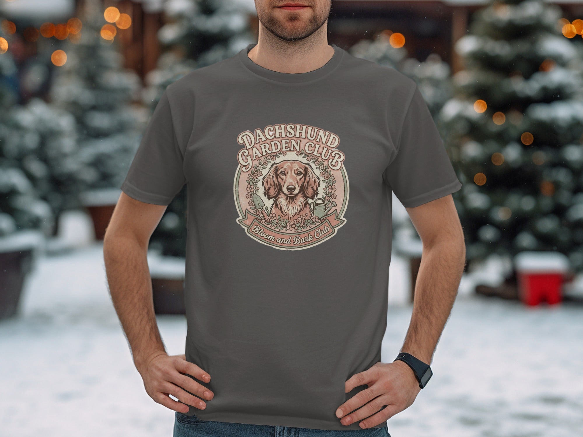 Dachshund Garden Club shirt with dog illustration and text.