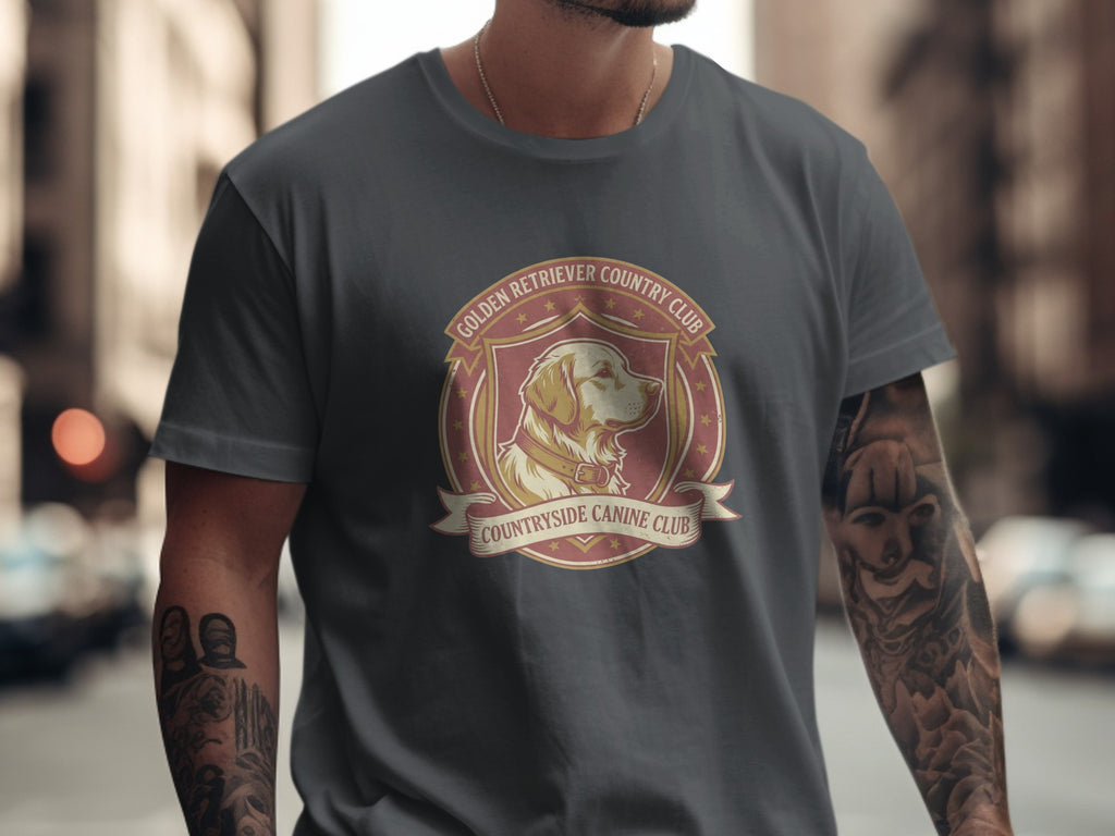 Grey t-shirt featuring a Golden Retriever Country Club emblem.