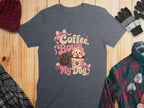 T-shirt with "Coffee, Bows & My Dog" text, featuring a dog in a coffee cup.