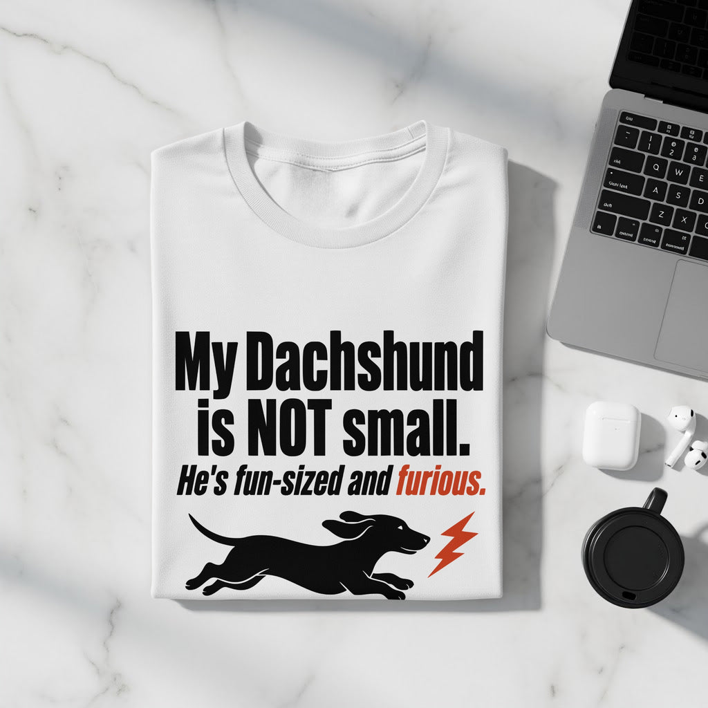 White t-shirt with black text: "My Dachshund is NOT small. He's fun-sized and furious."