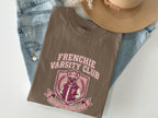 Brown t-shirt with Frenchie Varsity Club logo featuring a bulldog.