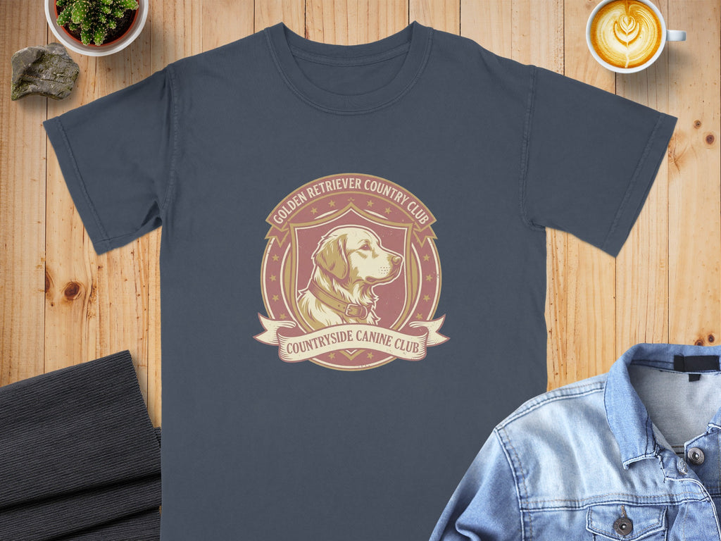 Dark blue t-shirt with golden retriever emblem reading "Golden Retriever Country Club".