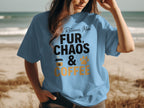 Light blue t-shirt with "Retriever Mom Fur, Chaos & Coffee" text and graphics.