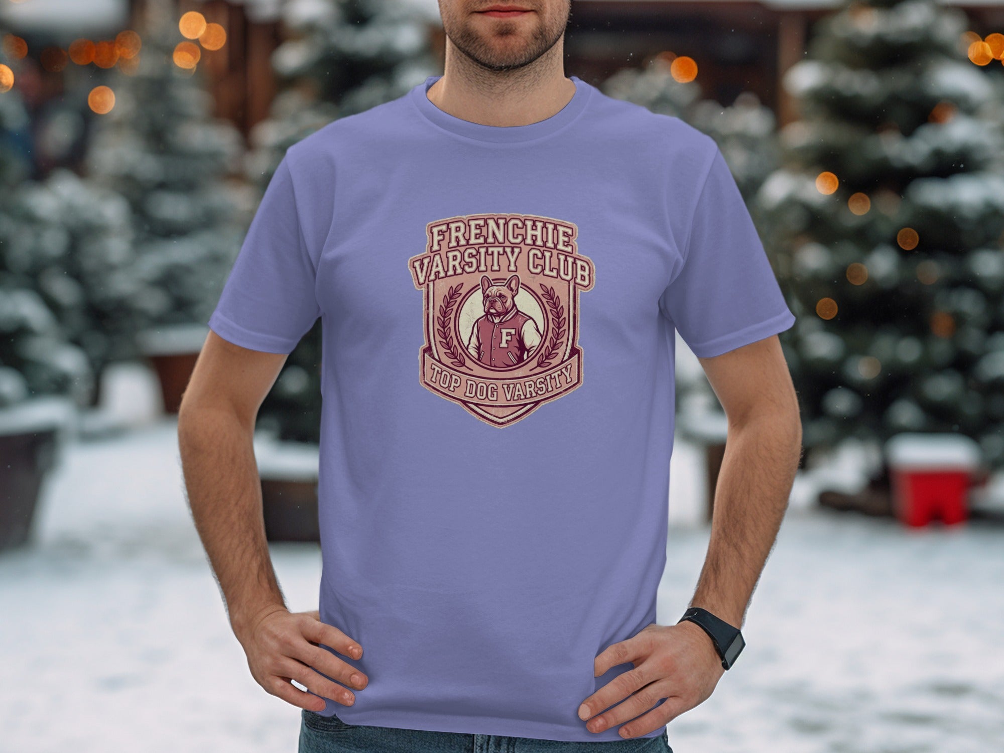 Purple t-shirt with "Frenchie Varsity Club Top Dog Varsity" text and French bulldog logo.