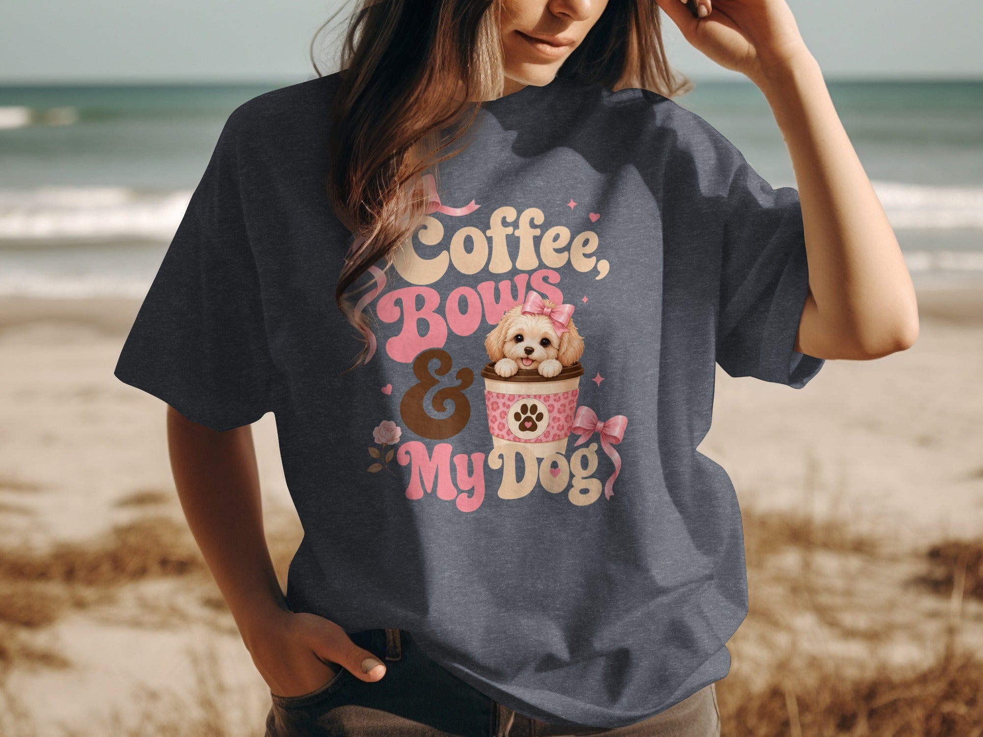 T-shirt featuring "Coffee, Bows & My Dog" text with a puppy in a coffee cup.