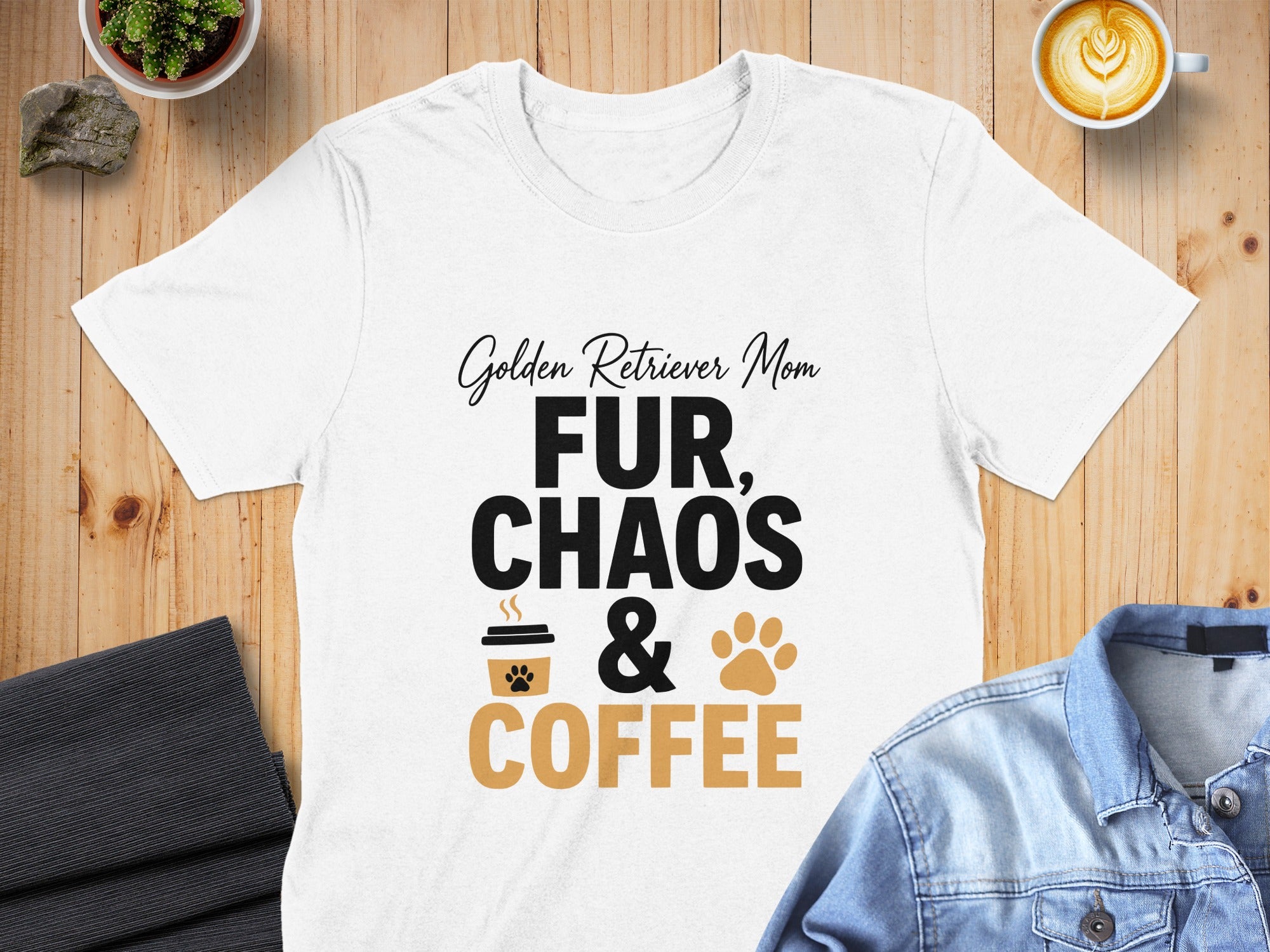 White t-shirt with "Golden Retriever Mom, FUR, CHAOS & COFFEE" text.