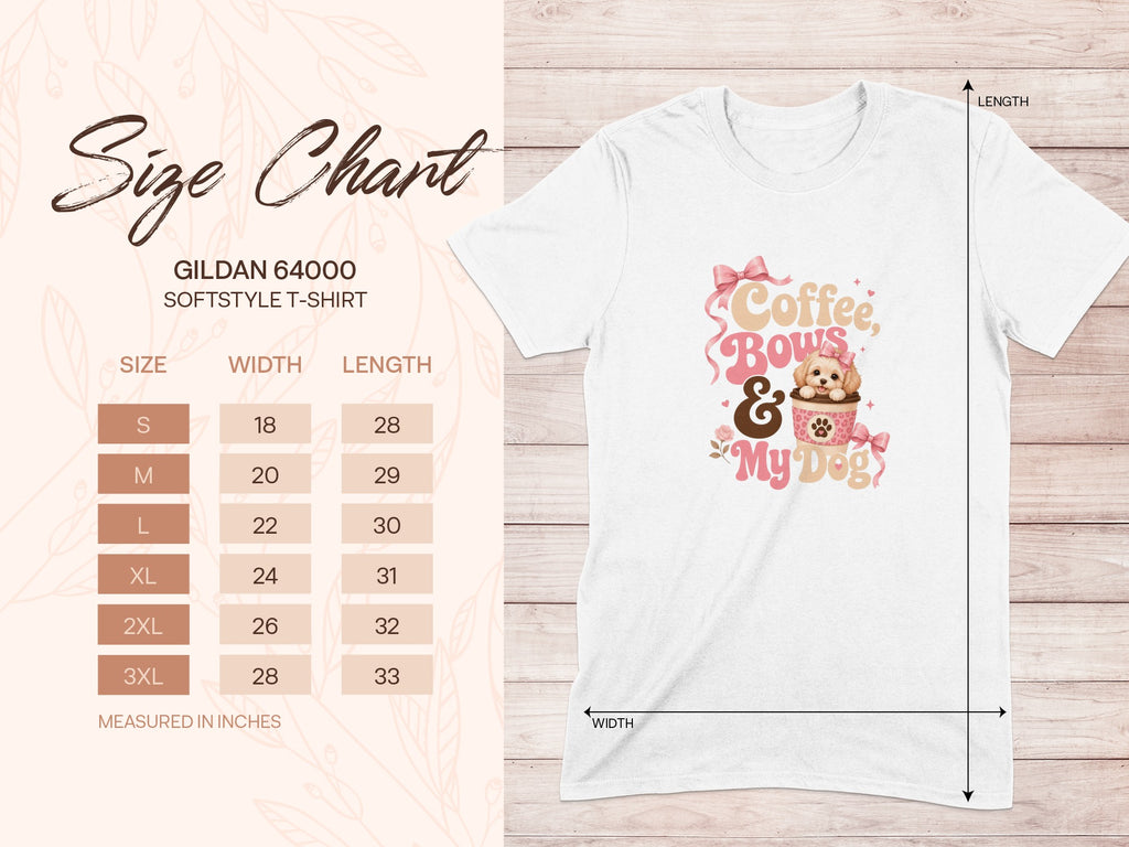 Gildan 64000 t-shirt size chart with dog graphic and "Coffee, Bows & My Dog" text.