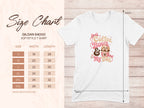 Gildan 64000 t-shirt size chart with dog graphic and "Coffee, Bows & My Dog" text.