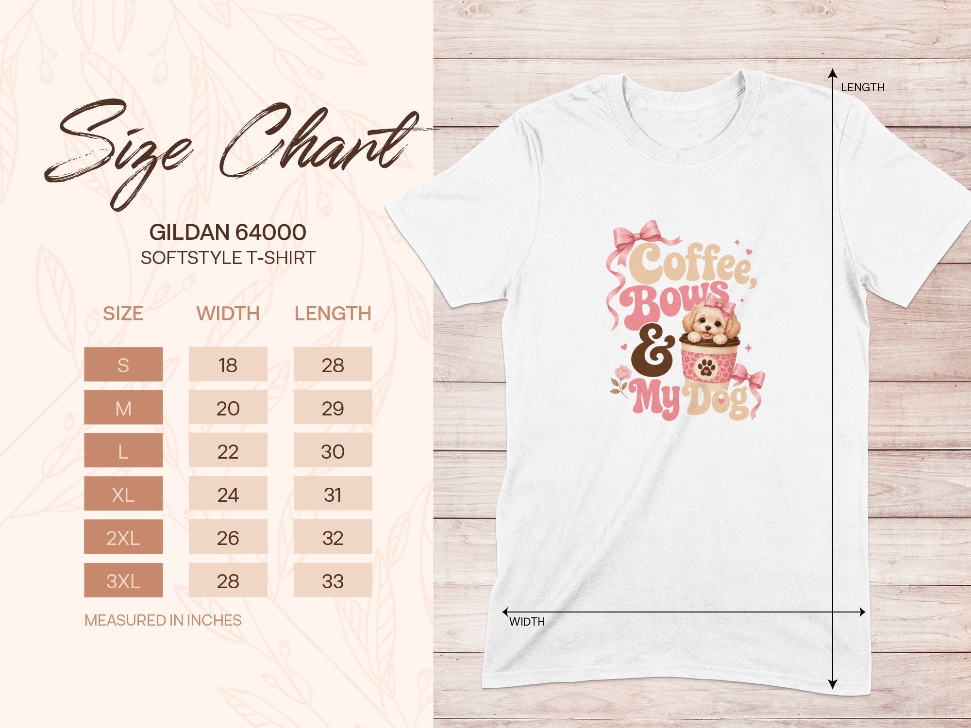 Gildan 64000 t-shirt size chart with dog graphic and "Coffee, Bows & My Dog" text.