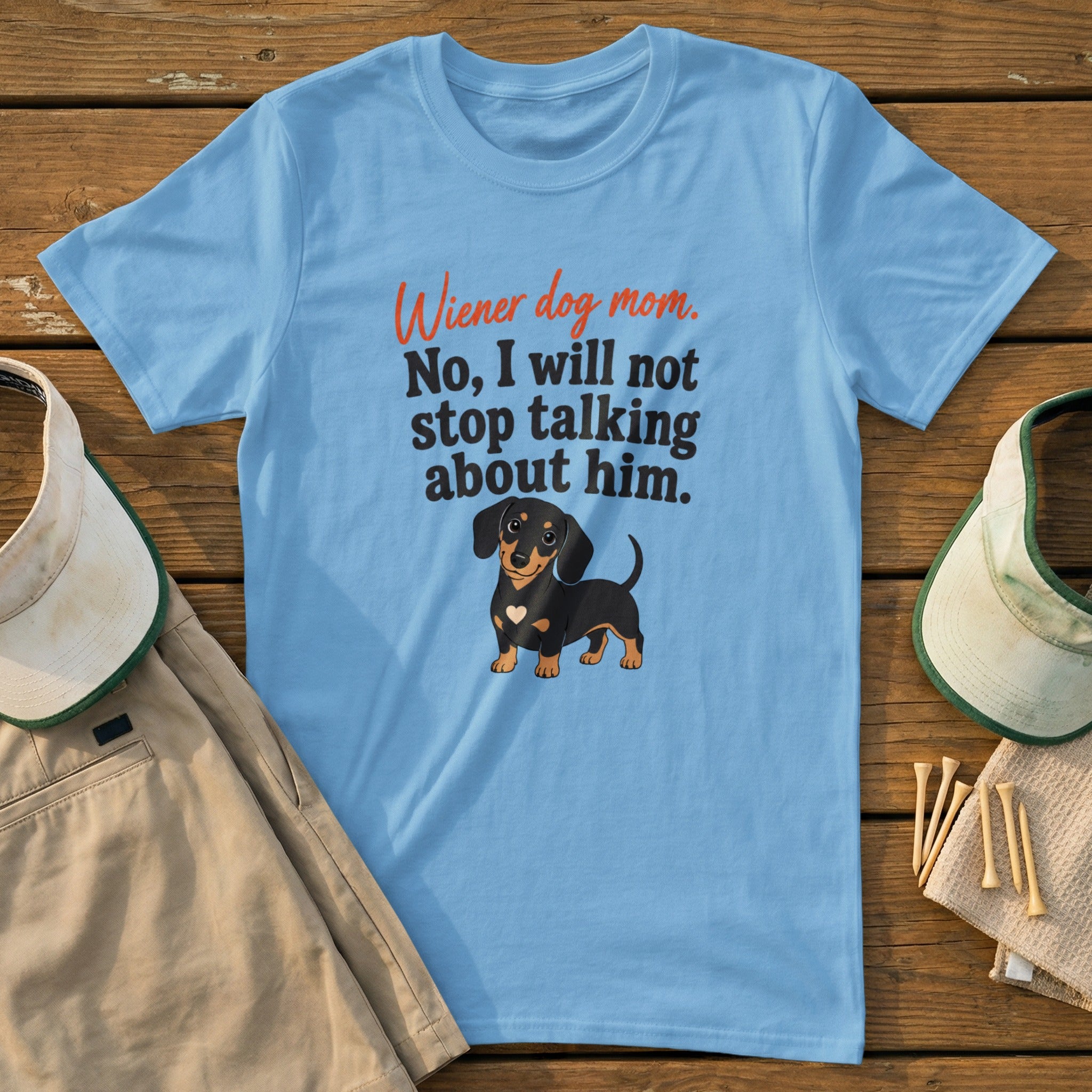 Light blue t-shirt with dachshund graphic and text "Wiener dog mom."
