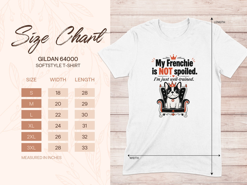 White t-shirt size chart for Gildan 64000 Softstyle with Frenchie graphic.