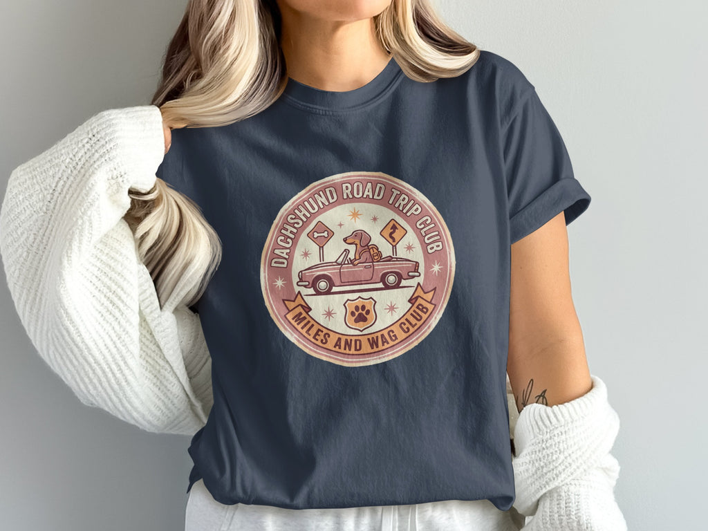 Dachshund Road Trip Club Miles and Wag Club graphic on a dark t-shirt.