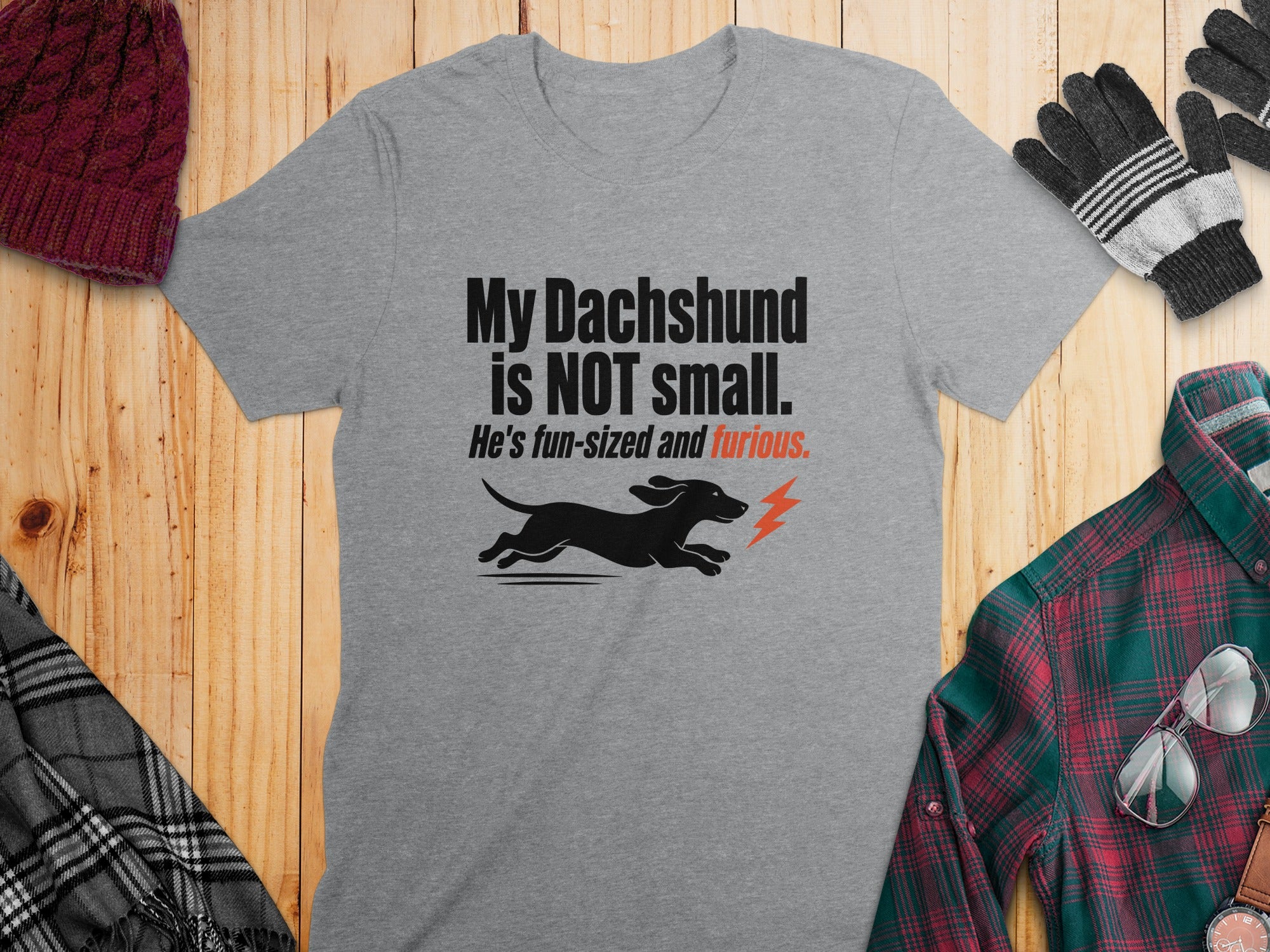 Grey t-shirt with Dachshund graphic and text "My Dachshund is NOT small."