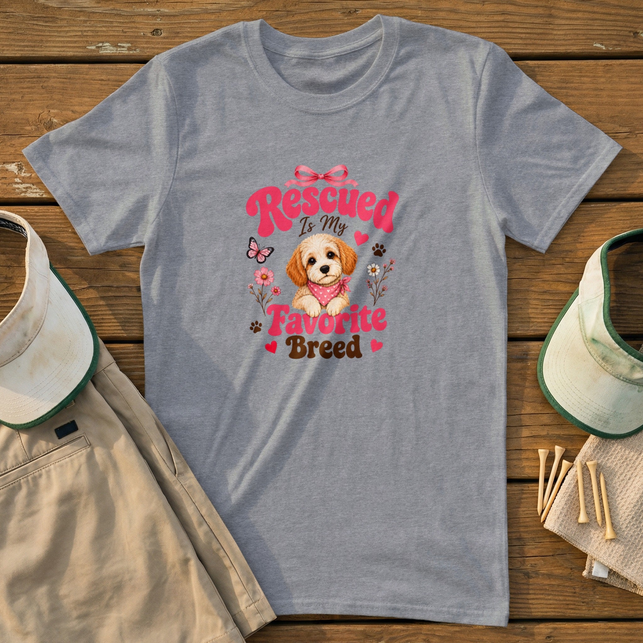 Gray t-shirt with "Rescued is My Favorite Breed" text and a watercolor puppy.