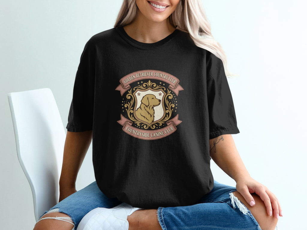 Black t-shirt with Golden Retriever Countryside Canine Club graphic.