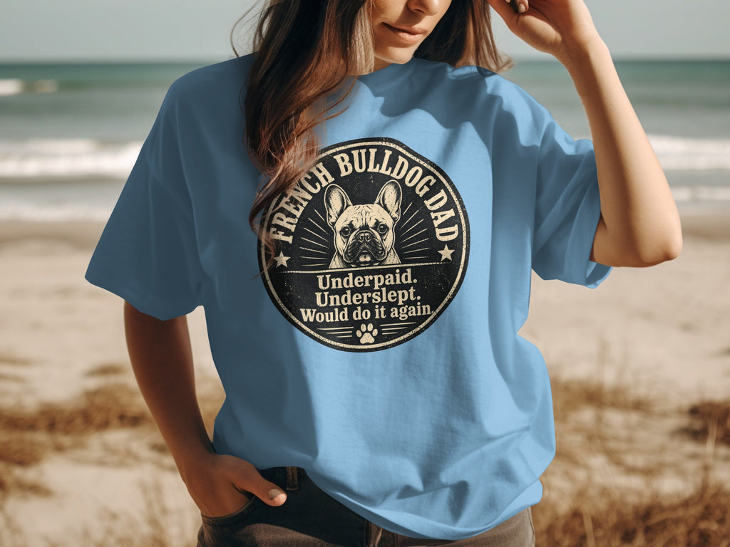 French Bulldog Dad graphic t-shirt with distressed text and paw print.