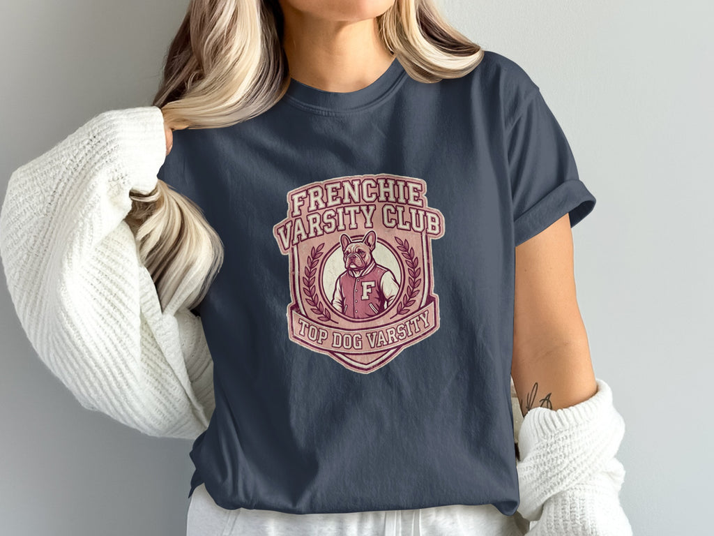 Navy t-shirt with "Frenchie Varsity Club" and bulldog logo.